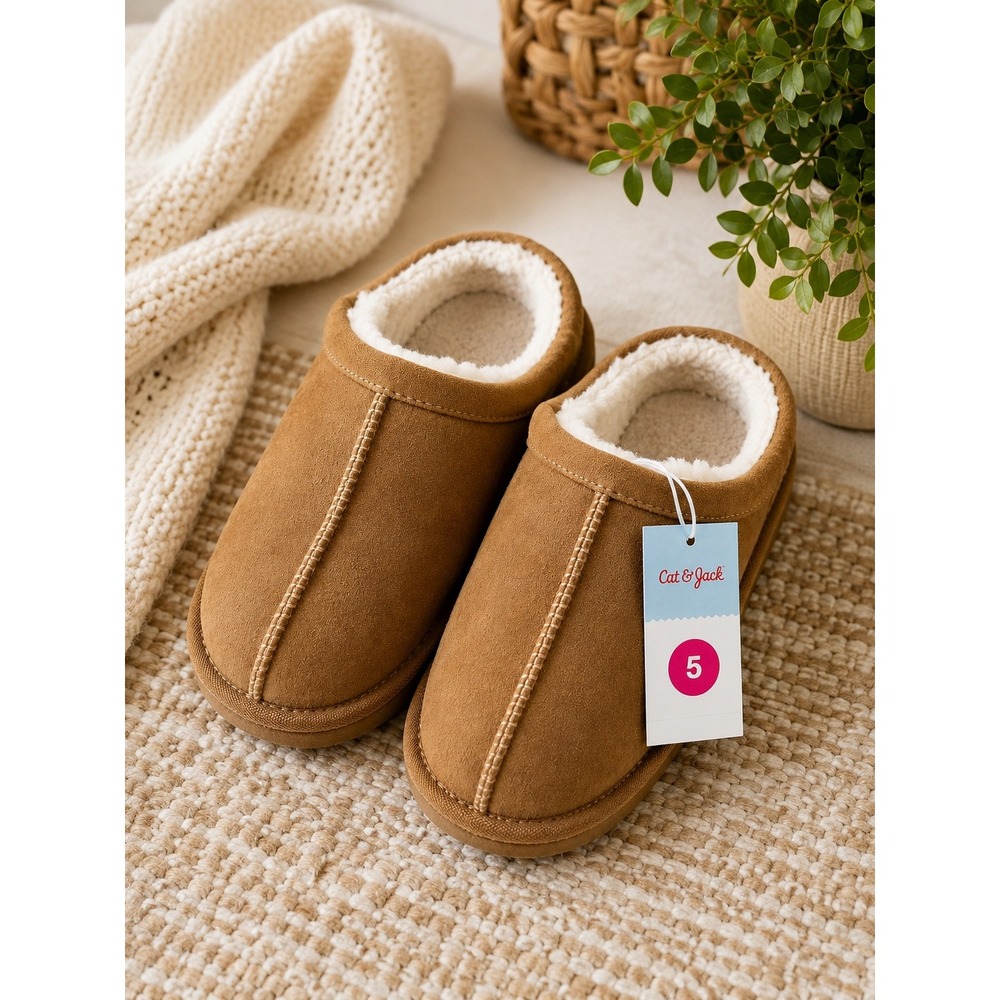 Cat & Jack Nola Brown Faux Suede Faux Fur Lined Slippers Kids Size 5 NWT